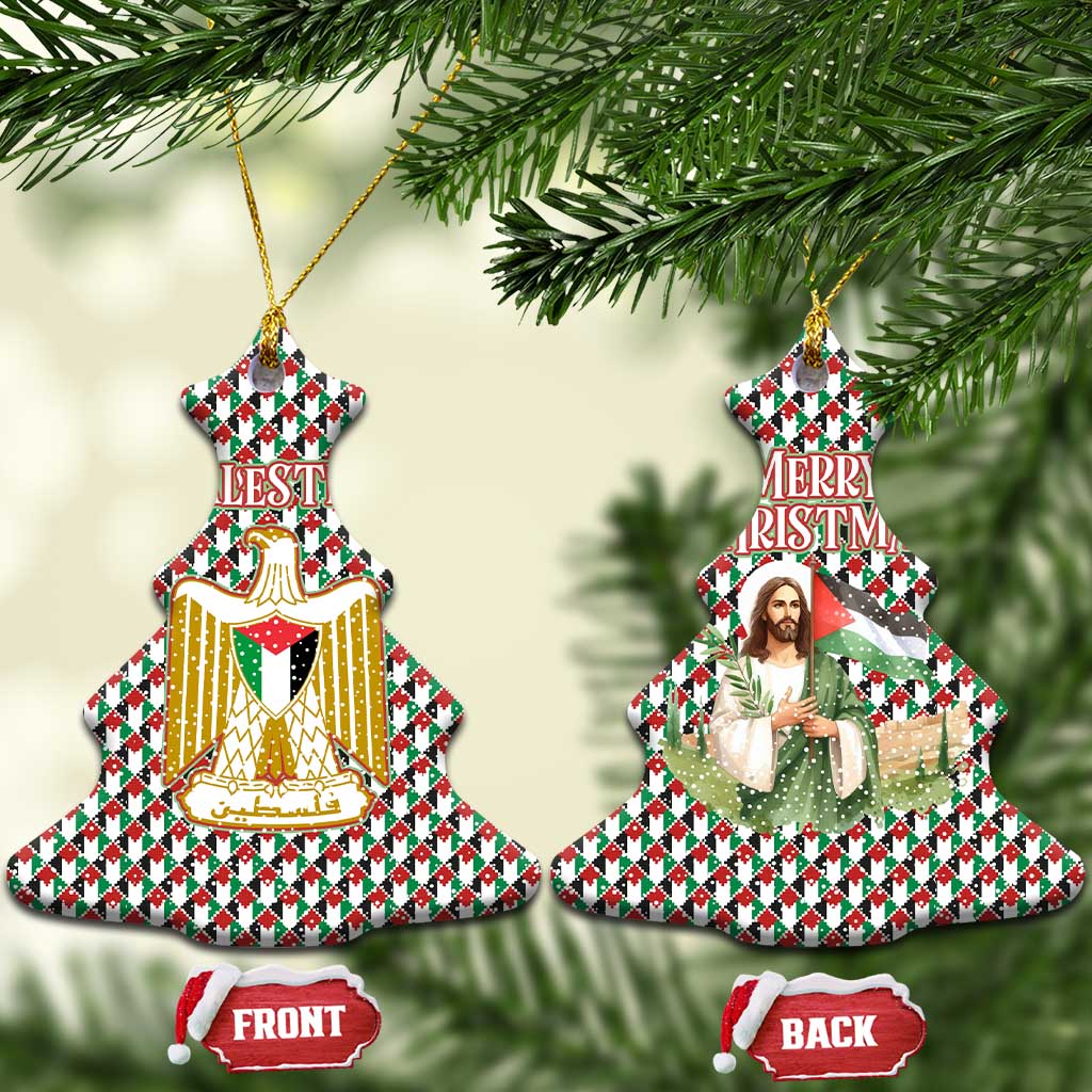 Palestine Christmas Ceramic Ornament with Red-Green Pattern, Golden Eagle Emblem, and Jesus Holding Flag Motif - Wonder Print Shop
