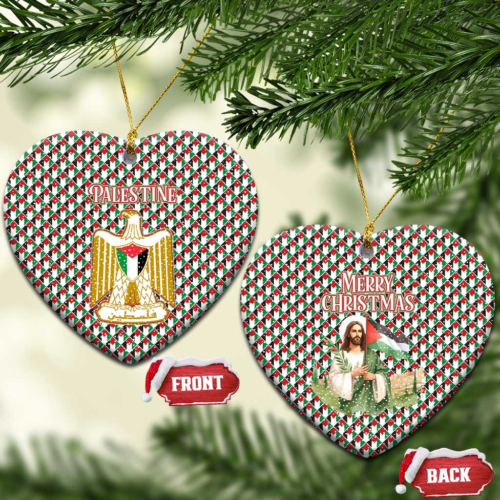 Palestine Christmas Ceramic Ornament with Red-Green Pattern, Golden Eagle Emblem, and Jesus Holding Flag Motif - Wonder Print Shop