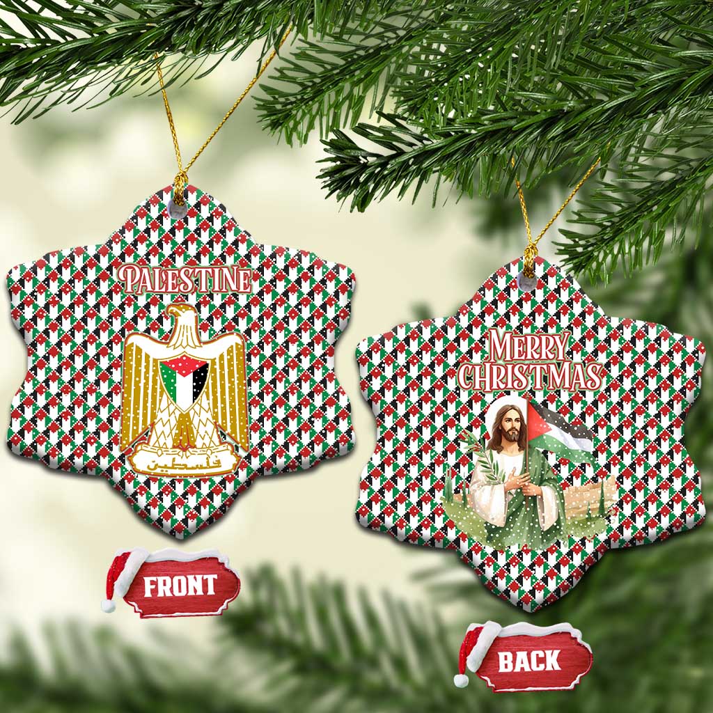 Palestine Christmas Ceramic Ornament with Red-Green Pattern, Golden Eagle Emblem, and Jesus Holding Flag Motif - Wonder Print Shop