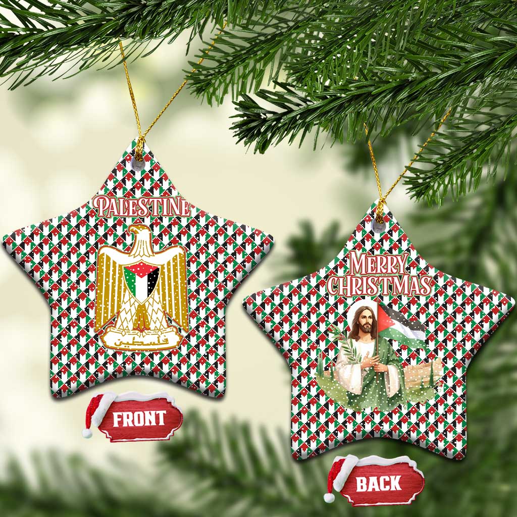 Palestine Christmas Ceramic Ornament with Red-Green Pattern, Golden Eagle Emblem, and Jesus Holding Flag Motif - Wonder Print Shop