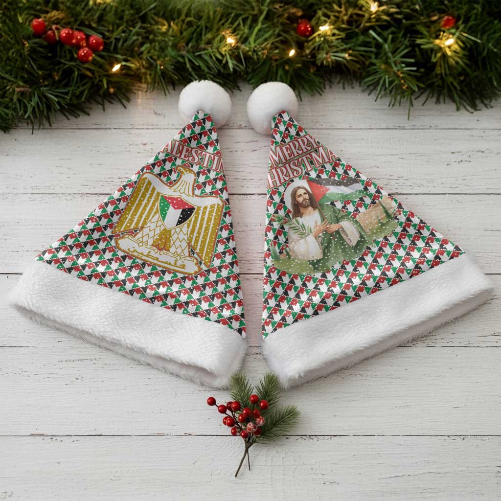 Palestine Christmas Santa Hat with Red-Green Pattern, Golden Eagle Emblem, and Jesus Holding Flag Motif - Wonder Print Shop
