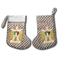 Palestine Christmas Stocking with Red-Green Pattern, Golden Eagle Emblem, and Jesus Holding Flag Motif - Wonder Print Shop