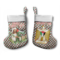 Palestine Christmas Stocking with Red-Green Pattern, Golden Eagle Emblem, and Jesus Holding Flag Motif - Wonder Print Shop
