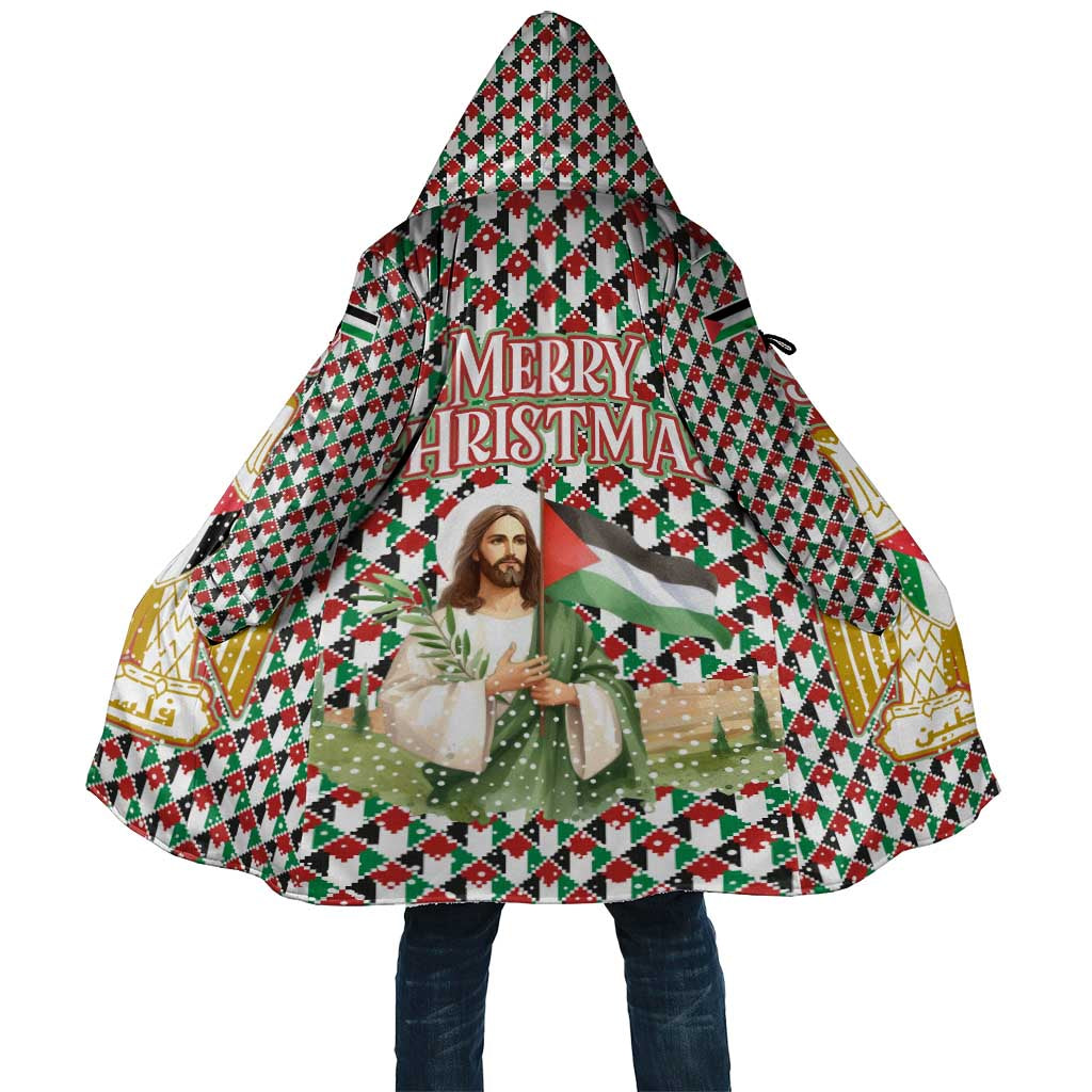 Palestine Christmas Cloak with Red-Green Pattern, Golden Eagle Emblem, and Jesus Holding Flag Motif - Wonder Print Shop