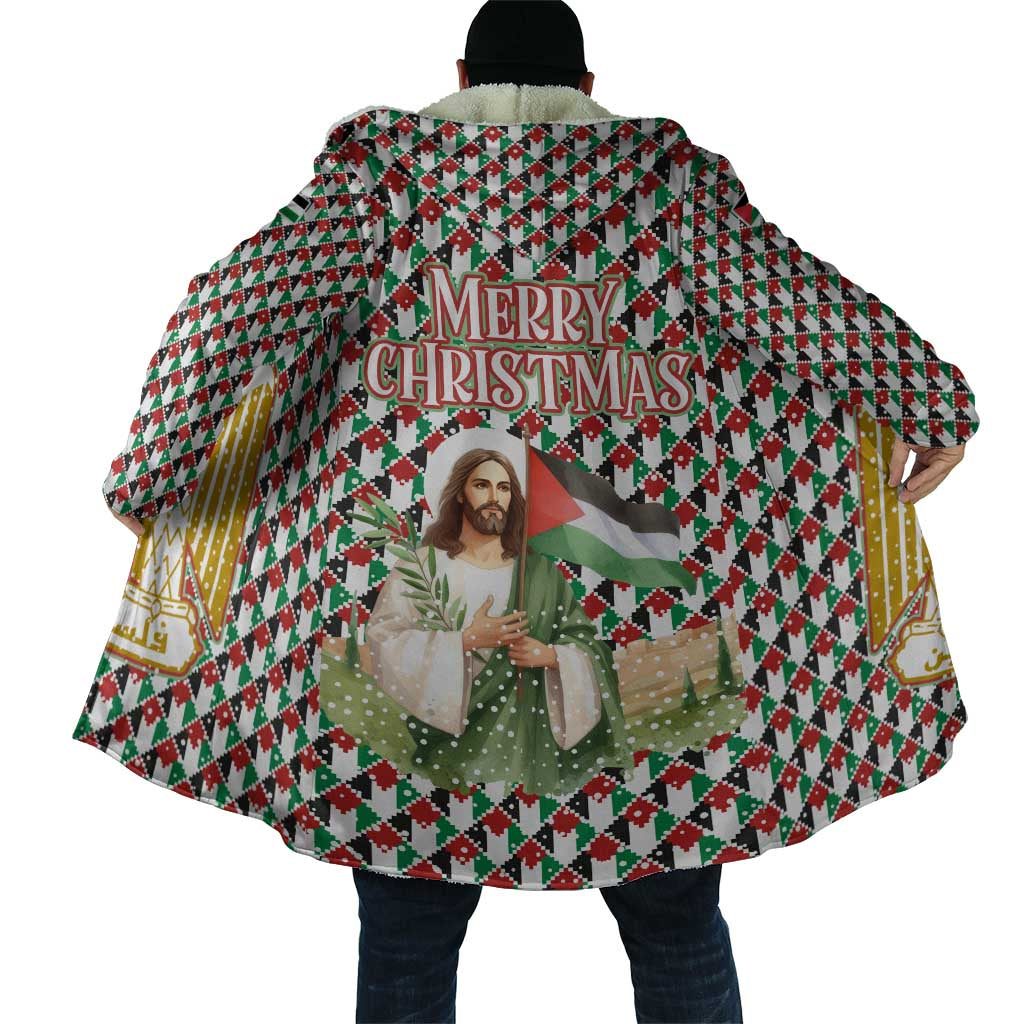 Palestine Christmas Cloak with Red-Green Pattern, Golden Eagle Emblem, and Jesus Holding Flag Motif - Wonder Print Shop