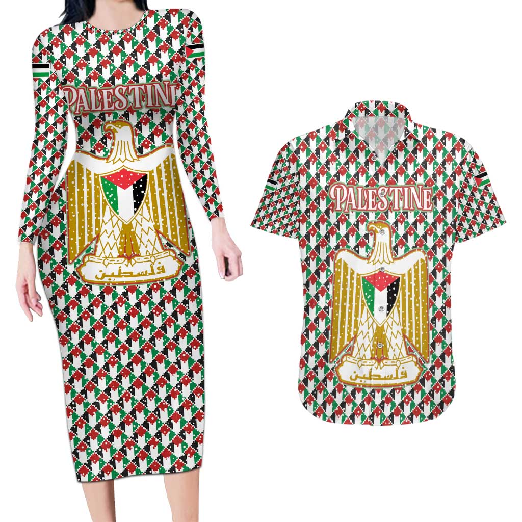 Palestine Christmas Couples Matching Long Sleeve Bodycon Dress and Hawaiian Shirt with Red-Green Pattern, Golden Eagle Emblem, and Jesus Holding Flag Motif - Wonder Print Shop