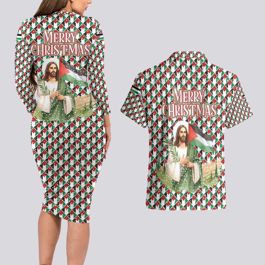 Palestine Christmas Couples Matching Long Sleeve Bodycon Dress and Hawaiian Shirt with Red-Green Pattern, Golden Eagle Emblem, and Jesus Holding Flag Motif - Wonder Print Shop