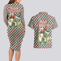 Palestine Christmas Couples Matching Long Sleeve Bodycon Dress and Hawaiian Shirt with Red-Green Pattern, Golden Eagle Emblem, and Jesus Holding Flag Motif - Wonder Print Shop
