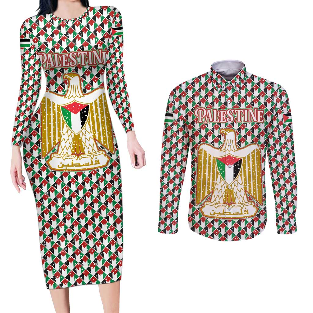 Palestine Christmas Couples Matching Long Sleeve Bodycon Dress and Long Sleeve Button Shirt with Red-Green Pattern, Golden Eagle Emblem, and Jesus Holding Flag Motif - Wonder Print Shop