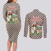 Palestine Christmas Couples Matching Long Sleeve Bodycon Dress and Long Sleeve Button Shirt with Red-Green Pattern, Golden Eagle Emblem, and Jesus Holding Flag Motif - Wonder Print Shop