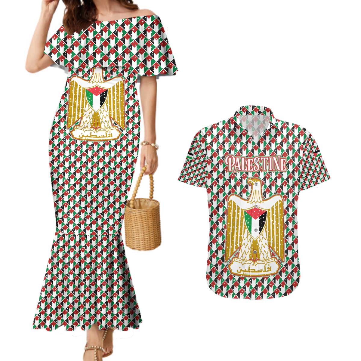 Palestine Christmas Couples Matching Mermaid Dress and Hawaiian Shirt with Red-Green Pattern, Golden Eagle Emblem, and Jesus Holding Flag Motif - Wonder Print Shop