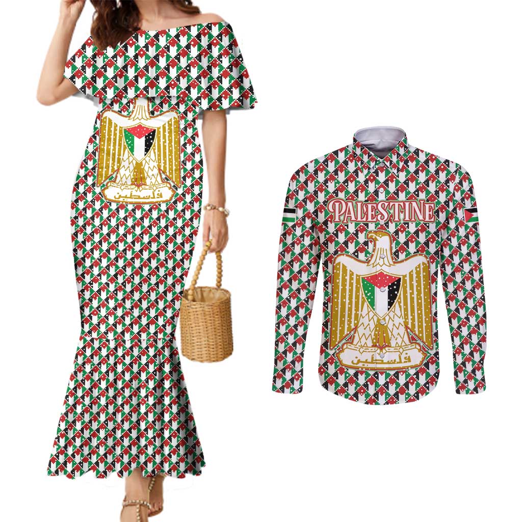 Palestine Christmas Couples Matching Mermaid Dress and Long Sleeve Button Shirt with Red-Green Pattern, Golden Eagle Emblem, and Jesus Holding Flag Motif - Wonder Print Shop