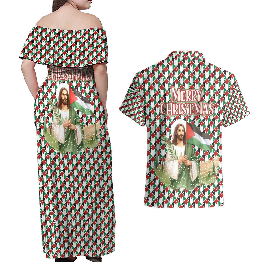 Palestine Christmas Couples Matching Off Shoulder Maxi Dress and Hawaiian Shirt with Red-Green Pattern, Golden Eagle Emblem, and Jesus Holding Flag Motif - Wonder Print Shop