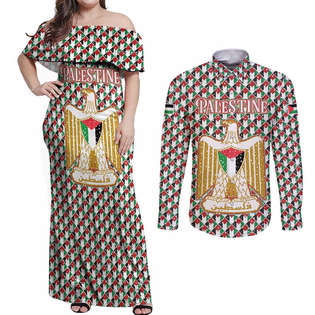 Palestine Christmas Couples Matching Off Shoulder Maxi Dress and Long Sleeve Button Shirt with Red-Green Pattern, Golden Eagle Emblem, and Jesus Holding Flag Motif - Wonder Print Shop