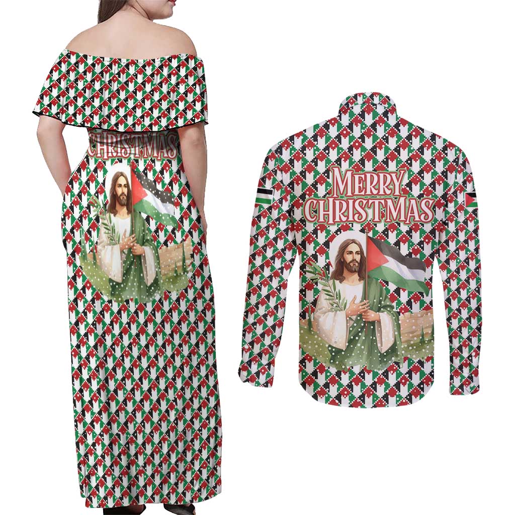 Palestine Christmas Couples Matching Off Shoulder Maxi Dress and Long Sleeve Button Shirt with Red-Green Pattern, Golden Eagle Emblem, and Jesus Holding Flag Motif - Wonder Print Shop