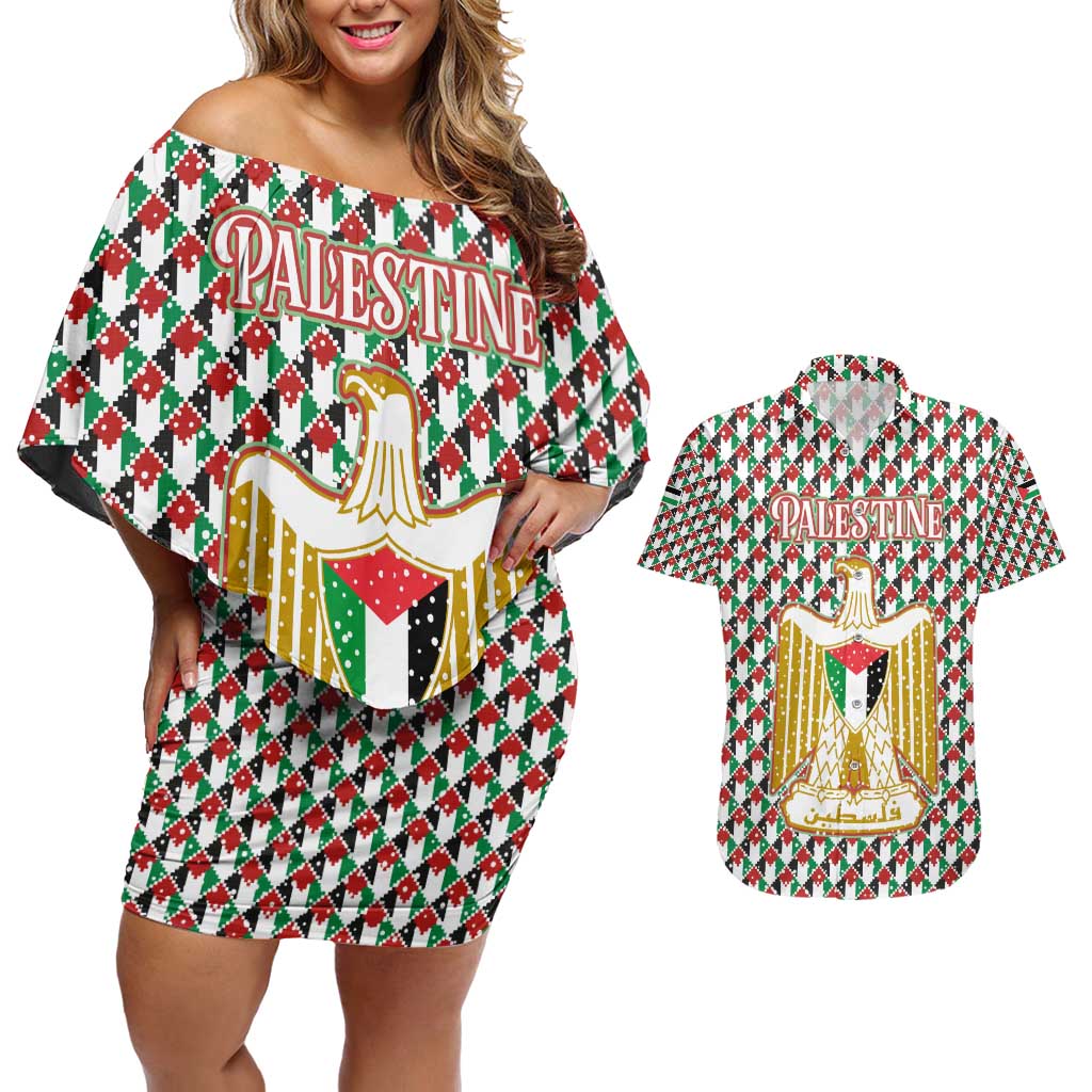 Palestine Christmas Couples Matching Off Shoulder Short Dress and Hawaiian Shirt with Red-Green Pattern, Golden Eagle Emblem, and Jesus Holding Flag Motif - Wonder Print Shop