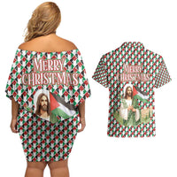 Palestine Christmas Couples Matching Off Shoulder Short Dress and Hawaiian Shirt with Red-Green Pattern, Golden Eagle Emblem, and Jesus Holding Flag Motif - Wonder Print Shop