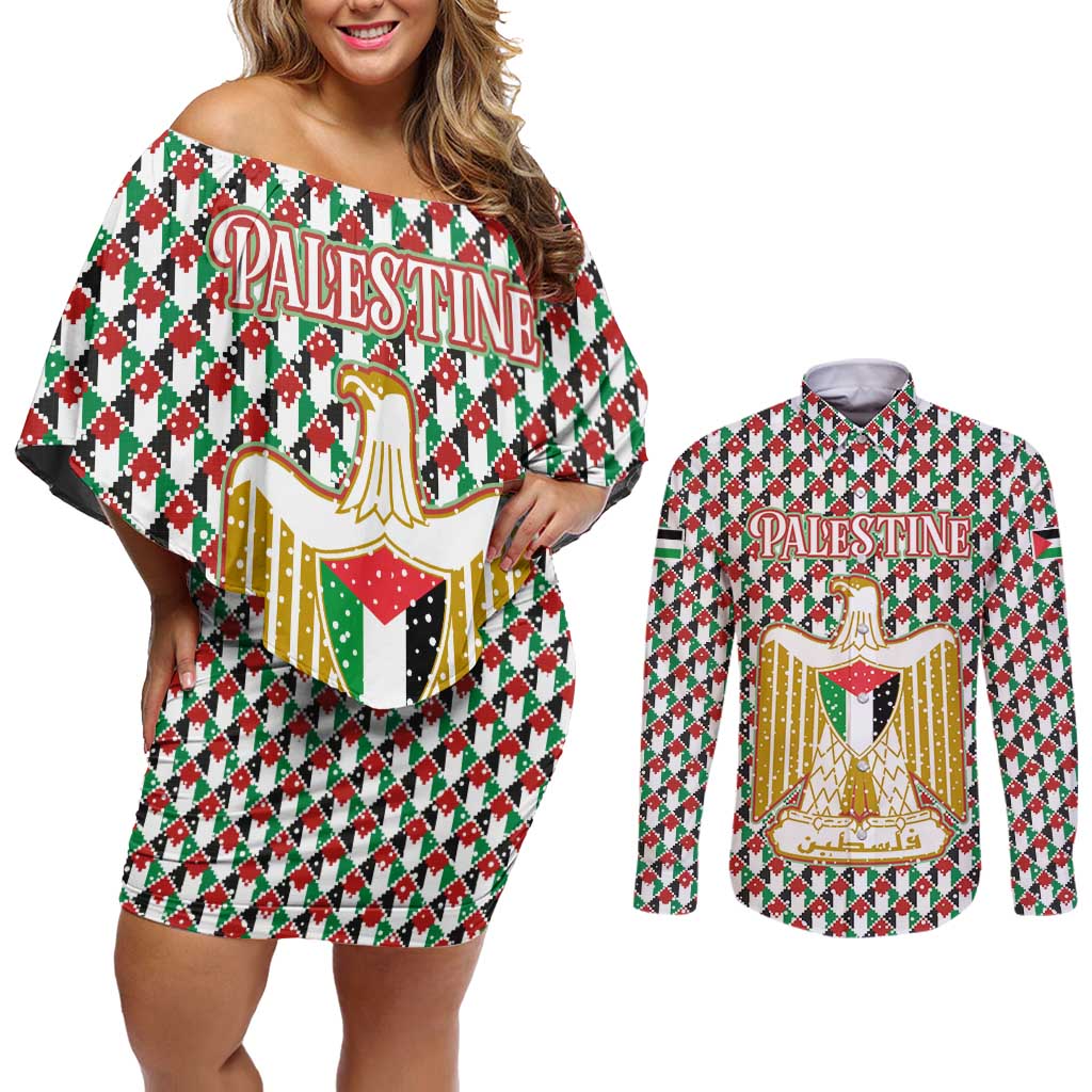 Palestine Christmas Couples Matching Off Shoulder Short Dress and Long Sleeve Button Shirt with Red-Green Pattern, Golden Eagle Emblem, and Jesus Holding Flag Motif - Wonder Print Shop
