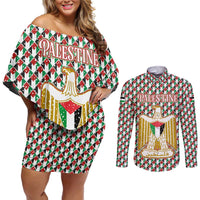 Palestine Christmas Couples Matching Off Shoulder Short Dress and Long Sleeve Button Shirt with Red-Green Pattern, Golden Eagle Emblem, and Jesus Holding Flag Motif - Wonder Print Shop