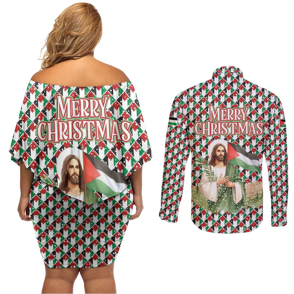 Palestine Christmas Couples Matching Off Shoulder Short Dress and Long Sleeve Button Shirt with Red-Green Pattern, Golden Eagle Emblem, and Jesus Holding Flag Motif - Wonder Print Shop