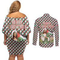 Palestine Christmas Couples Matching Off Shoulder Short Dress and Long Sleeve Button Shirt with Red-Green Pattern, Golden Eagle Emblem, and Jesus Holding Flag Motif - Wonder Print Shop