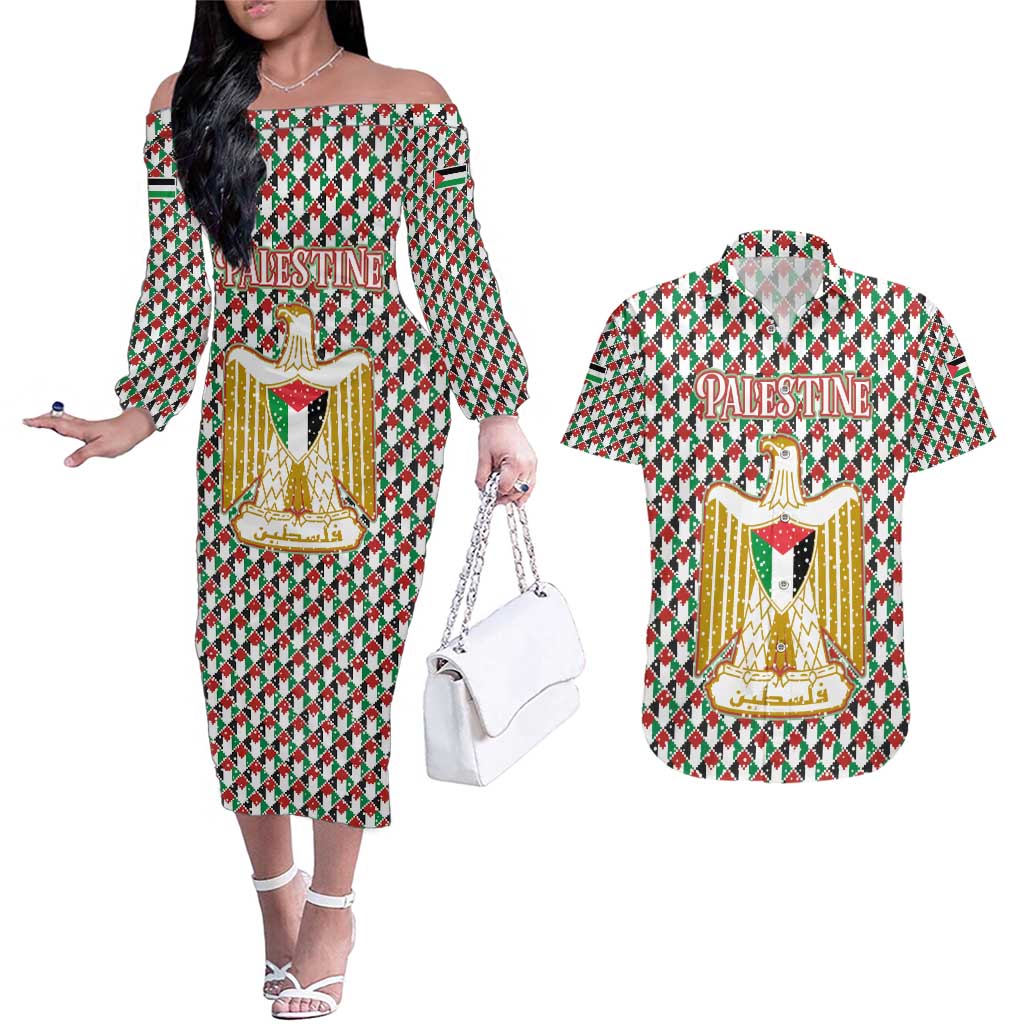 Palestine Christmas Couples Matching Off The Shoulder Long Sleeve Dress and Hawaiian Shirt with Red-Green Pattern, Golden Eagle Emblem, and Jesus Holding Flag Motif - Wonder Print Shop