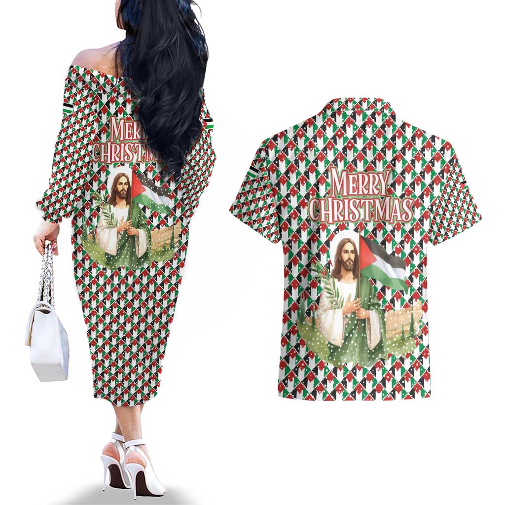 Palestine Christmas Couples Matching Off The Shoulder Long Sleeve Dress and Hawaiian Shirt with Red-Green Pattern, Golden Eagle Emblem, and Jesus Holding Flag Motif - Wonder Print Shop