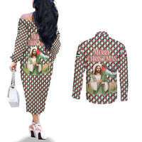 Palestine Christmas Couples Matching Off The Shoulder Long Sleeve Dress and Long Sleeve Button Shirt with Red-Green Pattern, Golden Eagle Emblem, and Jesus Holding Flag Motif - Wonder Print Shop