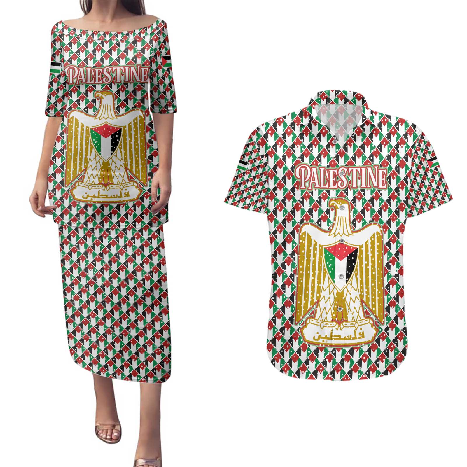 Palestine Christmas Couples Matching Puletasi and Hawaiian Shirt with Red-Green Pattern, Golden Eagle Emblem, and Jesus Holding Flag Motif - Wonder Print Shop