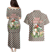 Palestine Christmas Couples Matching Puletasi and Hawaiian Shirt with Red-Green Pattern, Golden Eagle Emblem, and Jesus Holding Flag Motif - Wonder Print Shop