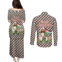 Palestine Christmas Couples Matching Puletasi and Long Sleeve Button Shirt with Red-Green Pattern, Golden Eagle Emblem, and Jesus Holding Flag Motif - Wonder Print Shop