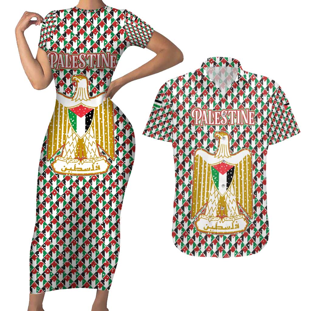 Palestine Christmas Couples Matching Short Sleeve Bodycon Dress and Hawaiian Shirt with Red-Green Pattern, Golden Eagle Emblem, and Jesus Holding Flag Motif - Wonder Print Shop