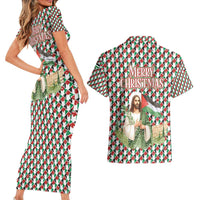 Palestine Christmas Couples Matching Short Sleeve Bodycon Dress and Hawaiian Shirt with Red-Green Pattern, Golden Eagle Emblem, and Jesus Holding Flag Motif - Wonder Print Shop