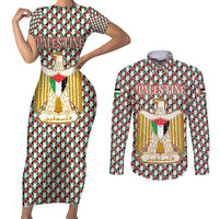 Palestine Christmas Couples Matching Short Sleeve Bodycon Dress and Long Sleeve Button Shirt with Red-Green Pattern, Golden Eagle Emblem, and Jesus Holding Flag Motif - Wonder Print Shop