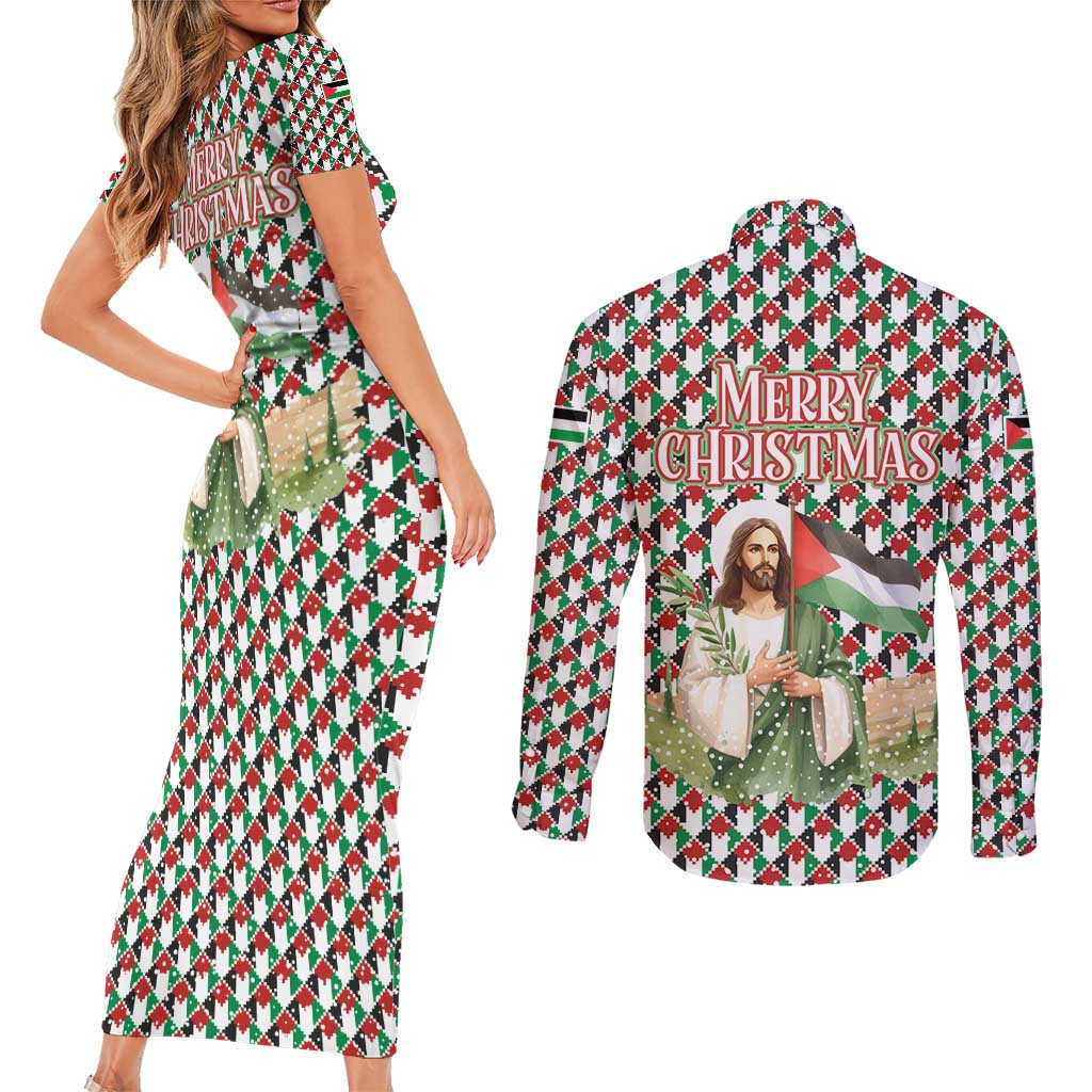Palestine Christmas Couples Matching Short Sleeve Bodycon Dress and Long Sleeve Button Shirt with Red-Green Pattern, Golden Eagle Emblem, and Jesus Holding Flag Motif - Wonder Print Shop