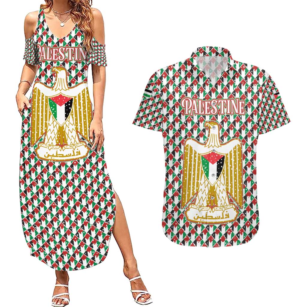 Palestine Christmas Couples Matching Summer Maxi Dress and Hawaiian Shirt with Red-Green Pattern, Golden Eagle Emblem, and Jesus Holding Flag Motif - Wonder Print Shop