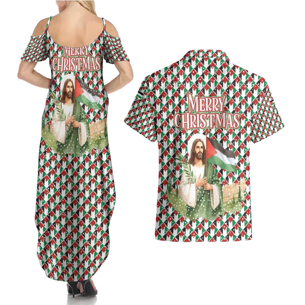 Palestine Christmas Couples Matching Summer Maxi Dress and Hawaiian Shirt with Red-Green Pattern, Golden Eagle Emblem, and Jesus Holding Flag Motif - Wonder Print Shop