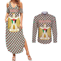 Palestine Christmas Couples Matching Summer Maxi Dress and Long Sleeve Button Shirt with Red-Green Pattern, Golden Eagle Emblem, and Jesus Holding Flag Motif - Wonder Print Shop