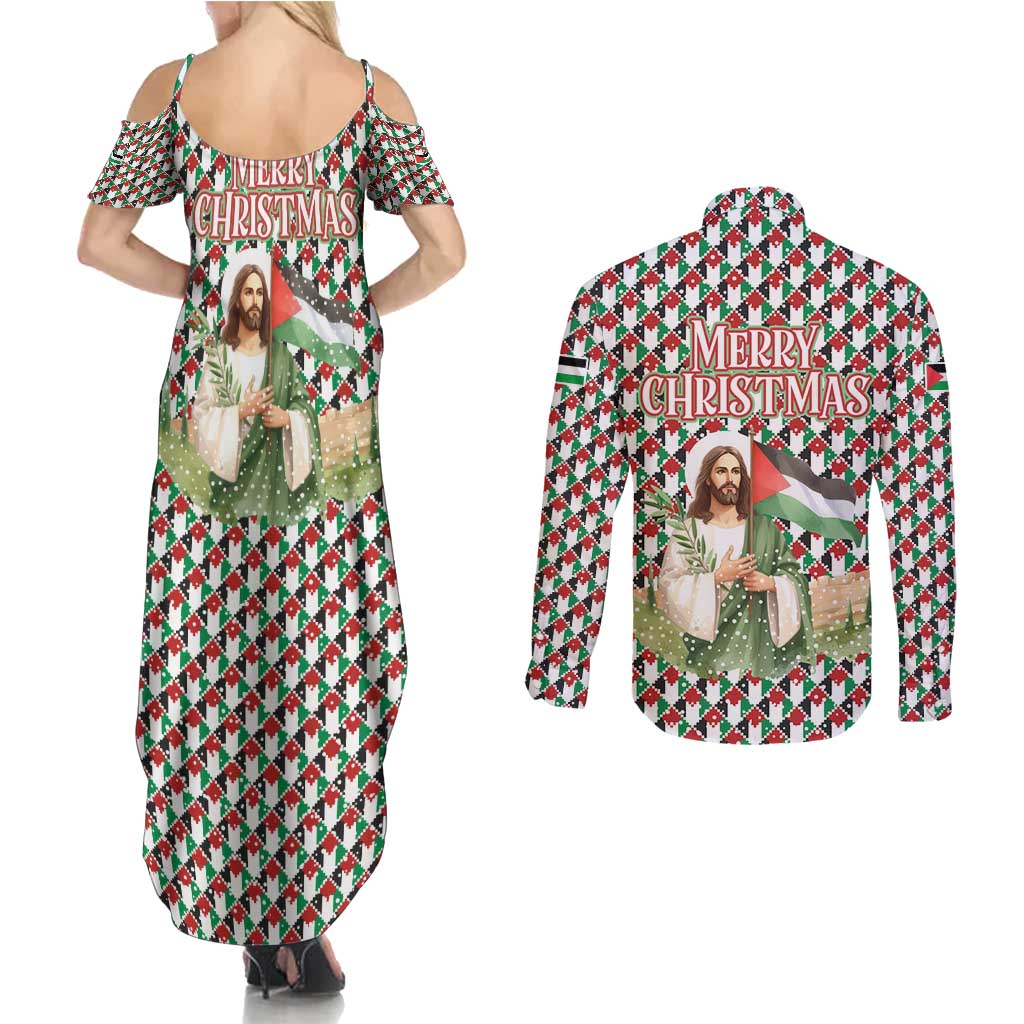 Palestine Christmas Couples Matching Summer Maxi Dress and Long Sleeve Button Shirt with Red-Green Pattern, Golden Eagle Emblem, and Jesus Holding Flag Motif - Wonder Print Shop
