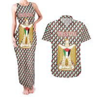 Palestine Christmas Couples Matching Tank Maxi Dress and Hawaiian Shirt with Red-Green Pattern, Golden Eagle Emblem, and Jesus Holding Flag Motif - Wonder Print Shop
