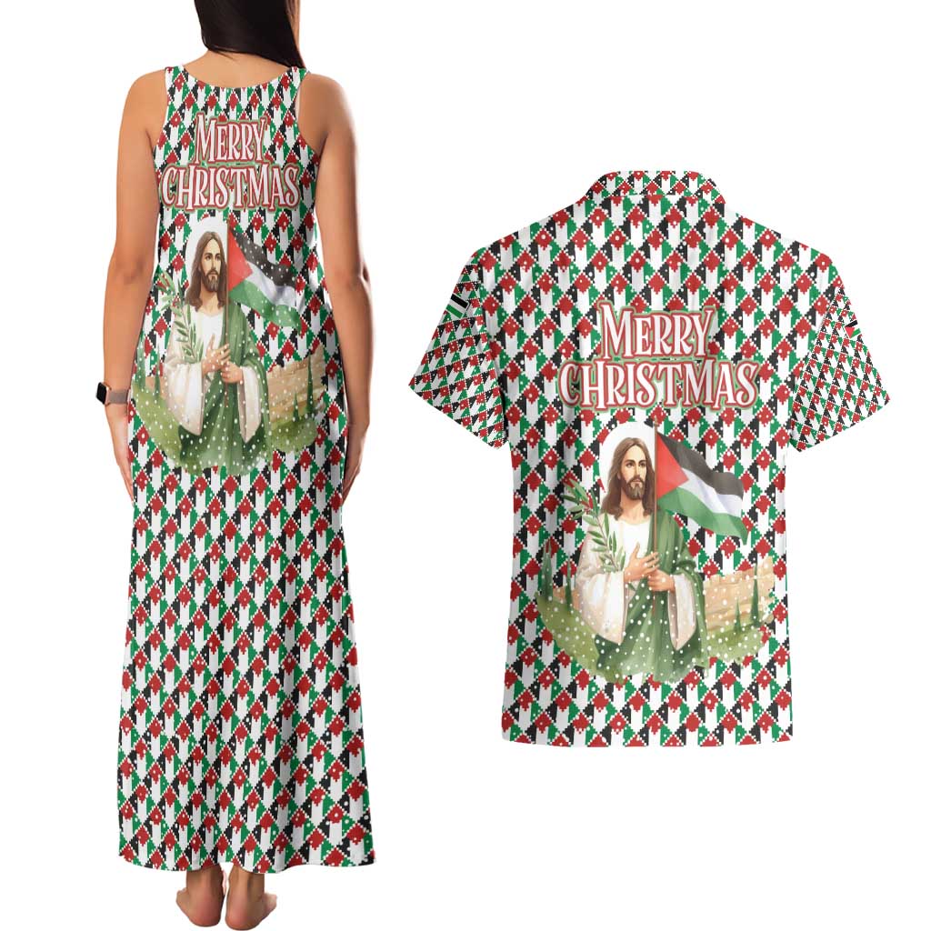Palestine Christmas Couples Matching Tank Maxi Dress and Hawaiian Shirt with Red-Green Pattern, Golden Eagle Emblem, and Jesus Holding Flag Motif - Wonder Print Shop