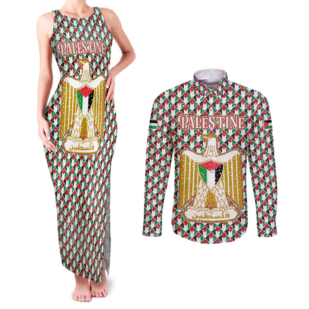 Palestine Christmas Couples Matching Tank Maxi Dress and Long Sleeve Button Shirt with Red-Green Pattern, Golden Eagle Emblem, and Jesus Holding Flag Motif - Wonder Print Shop