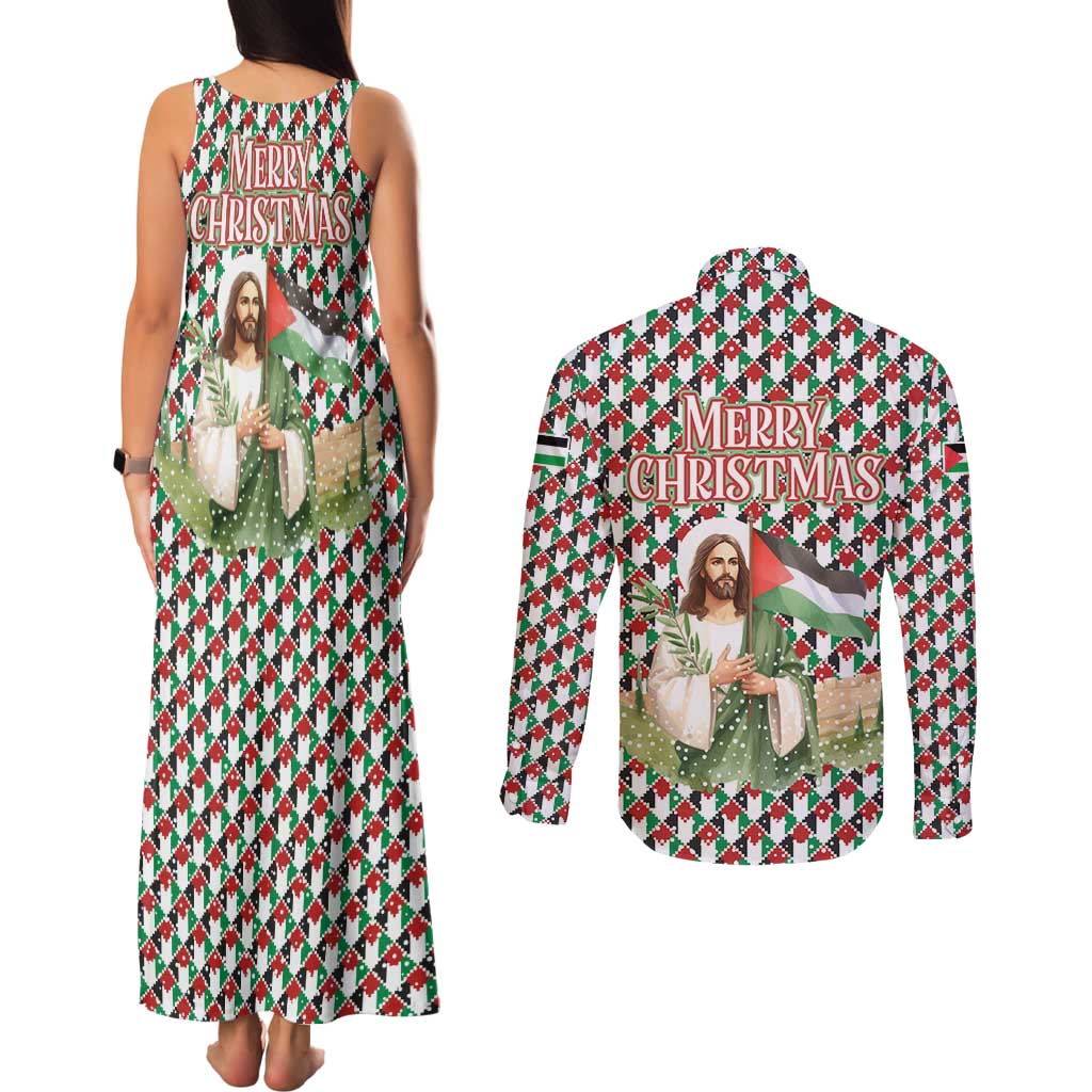 Palestine Christmas Couples Matching Tank Maxi Dress and Long Sleeve Button Shirt with Red-Green Pattern, Golden Eagle Emblem, and Jesus Holding Flag Motif - Wonder Print Shop