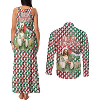 Palestine Christmas Couples Matching Tank Maxi Dress and Long Sleeve Button Shirt with Red-Green Pattern, Golden Eagle Emblem, and Jesus Holding Flag Motif - Wonder Print Shop