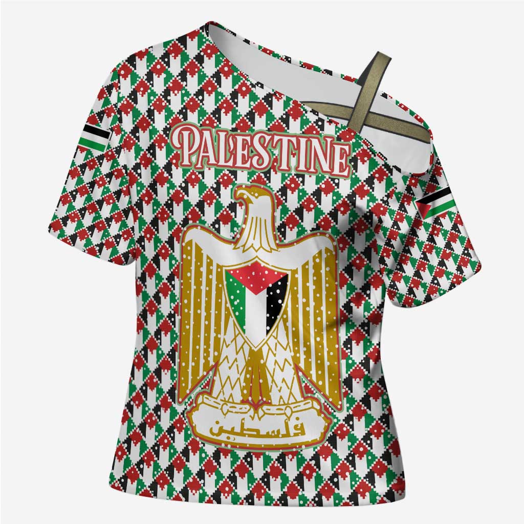 Palestine Christmas Cross Shoulder Shirt with Red-Green Pattern, Golden Eagle Emblem, and Jesus Holding Flag Motif - Wonder Print Shop