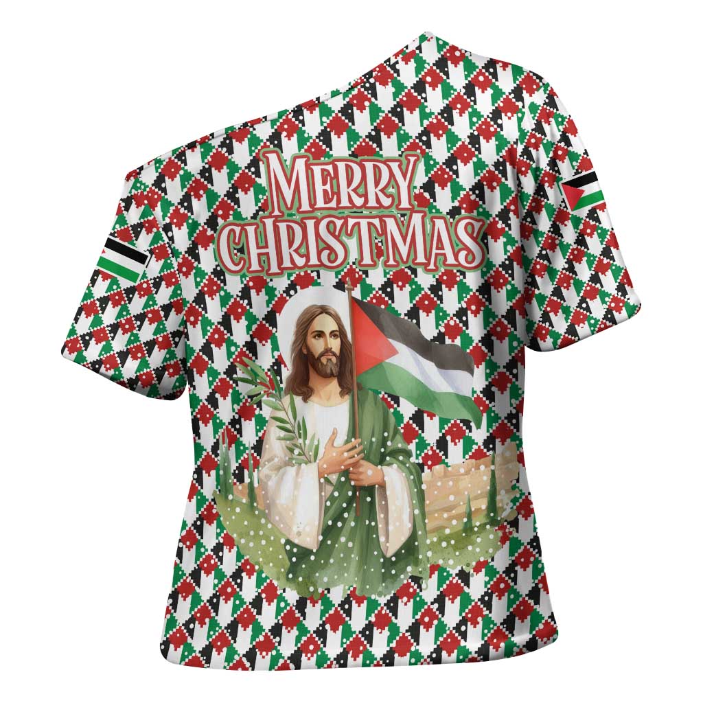 Palestine Christmas Cross Shoulder Shirt with Red-Green Pattern, Golden Eagle Emblem, and Jesus Holding Flag Motif - Wonder Print Shop