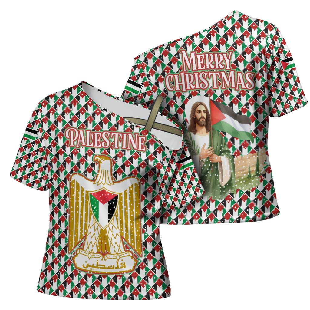 Palestine Christmas Cross Shoulder Shirt with Red-Green Pattern, Golden Eagle Emblem, and Jesus Holding Flag Motif - Wonder Print Shop