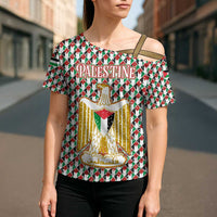 Palestine Christmas Cross Shoulder Shirt with Red-Green Pattern, Golden Eagle Emblem, and Jesus Holding Flag Motif - Wonder Print Shop