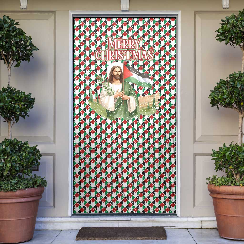 Palestine Christmas Door Cover with Red-Green Pattern, Golden Eagle Emblem, and Jesus Holding Flag Motif - Wonder Print Shop