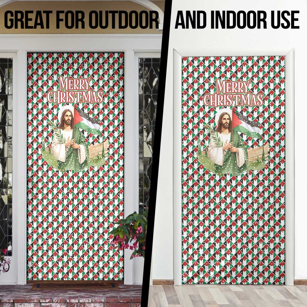 Palestine Christmas Door Cover with Red-Green Pattern, Golden Eagle Emblem, and Jesus Holding Flag Motif - Wonder Print Shop